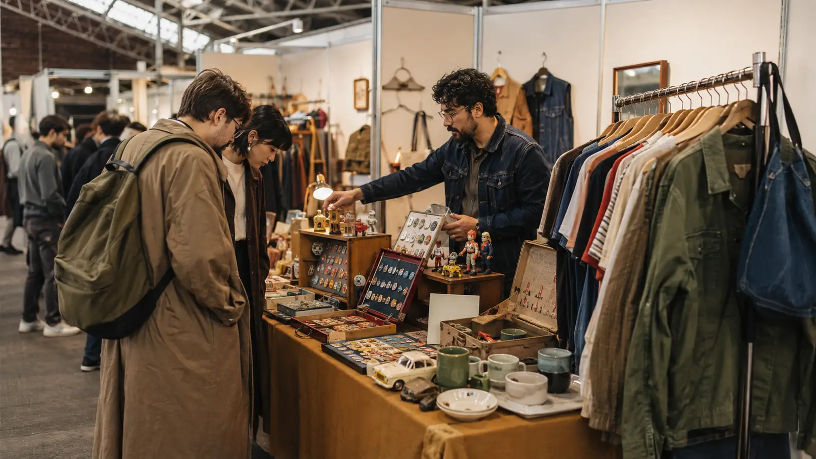 Vintage-style merchandise booth in a generic artisan marketplace