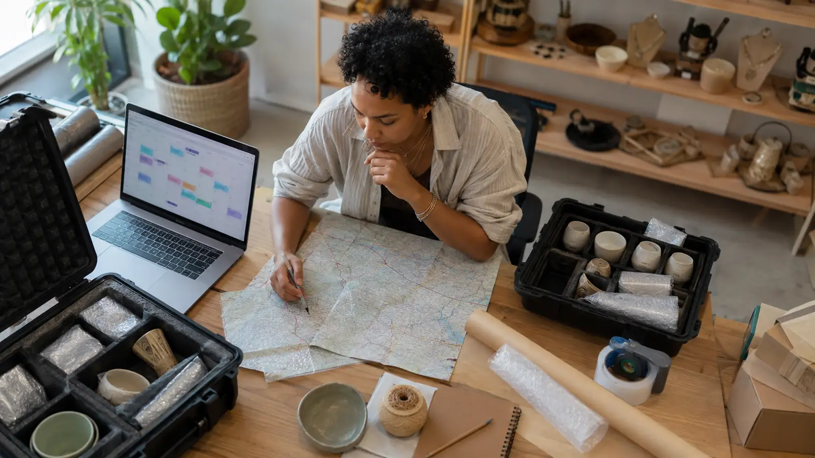 Maker planning a multi-city craft-market tour with cases and map