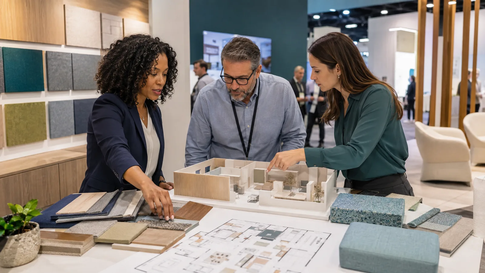 Healthcare design professionals reviewing materials and project plans at an expo