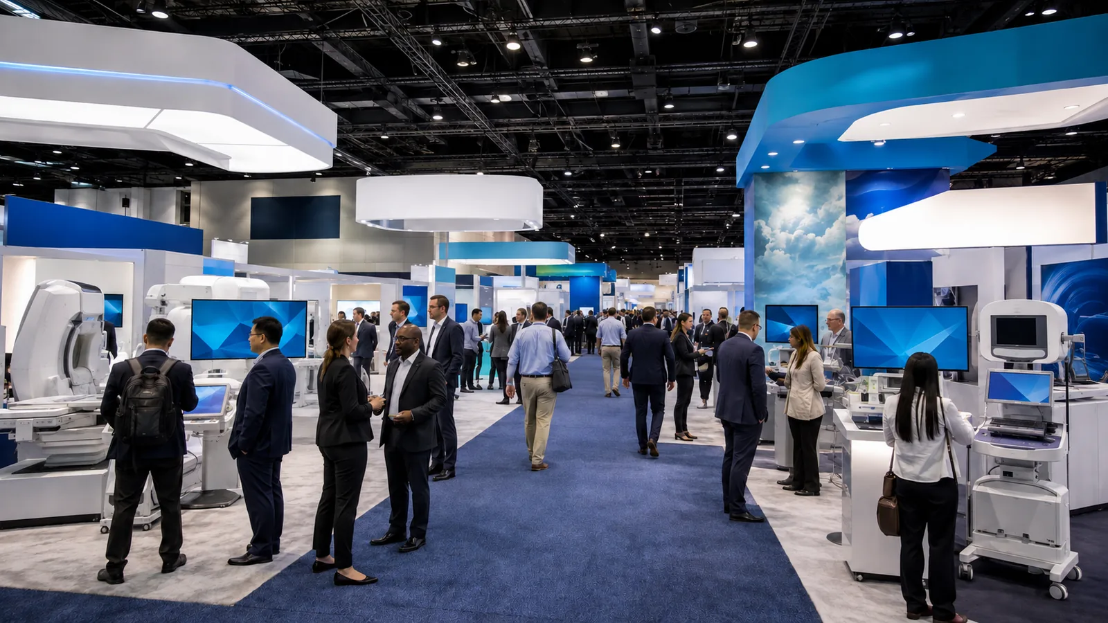 Healthcare professionals exploring medical technology exhibits at a U.S. trade show