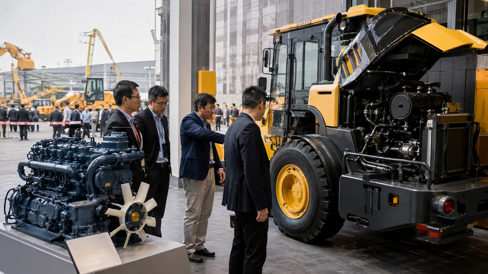 Technical buyers examining heavy machinery at a large manufacturing trade show