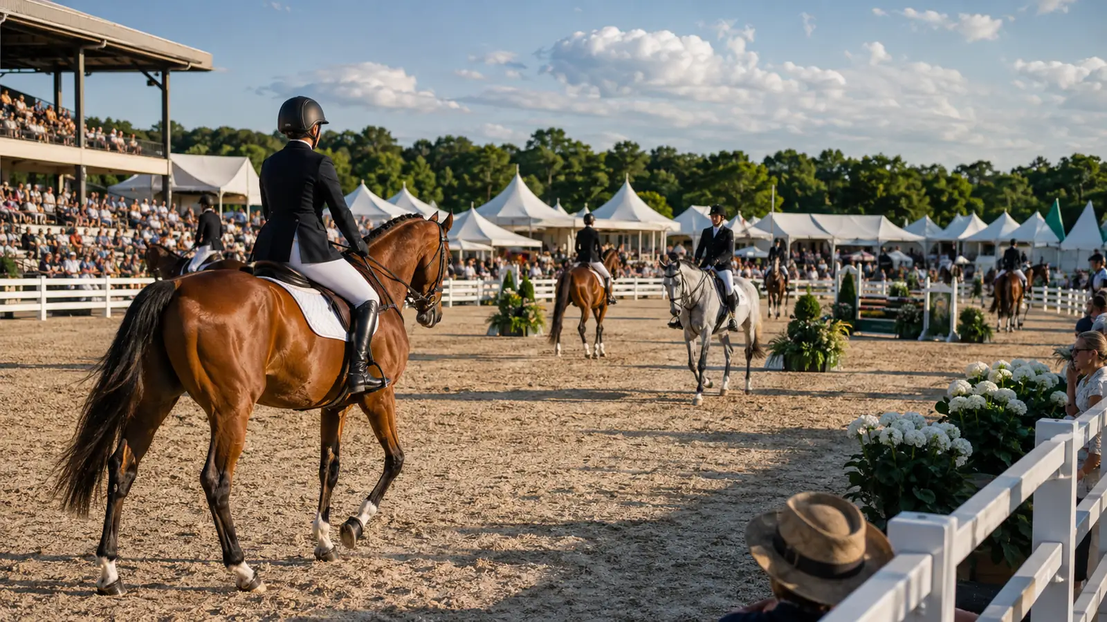 Generic equestrian championship venue with horses and riders