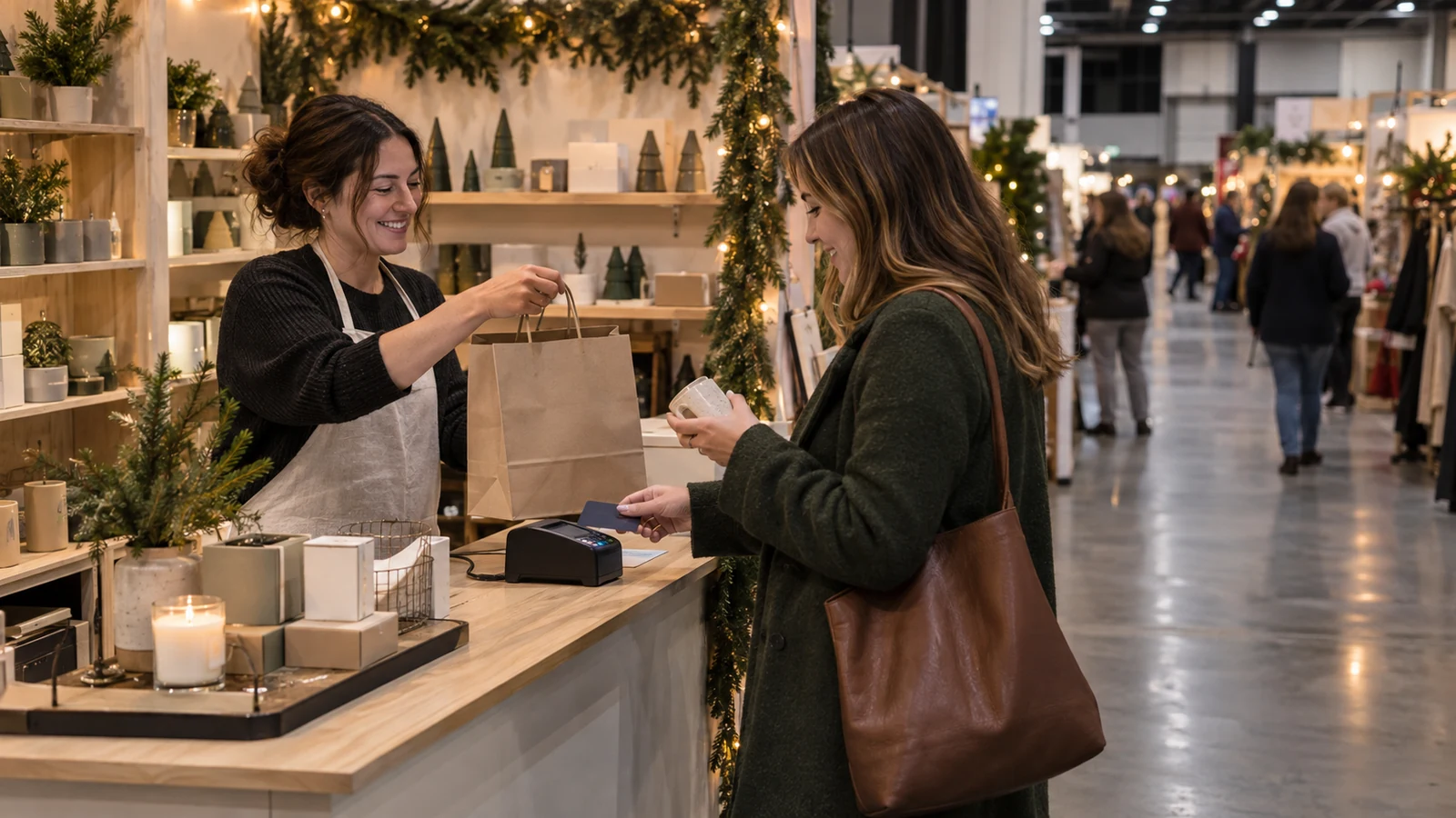 Holiday market booth arranged for product review, payment, and order fulfillment