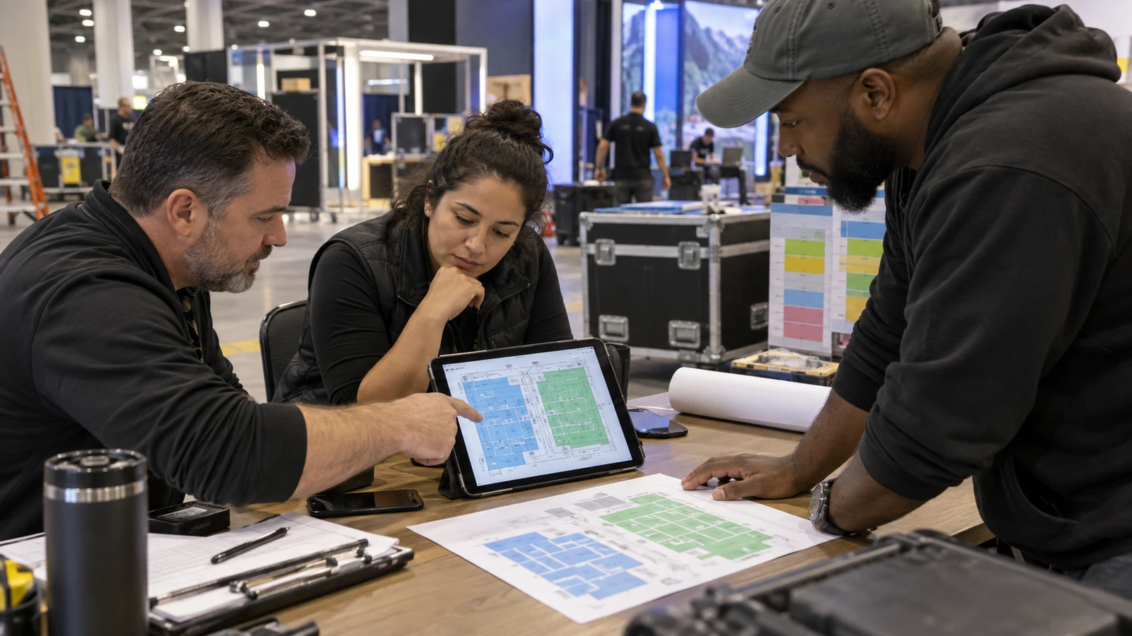 Exhibitor team reviewing a two-building floor plan, booth assignment, staffing, and freight route