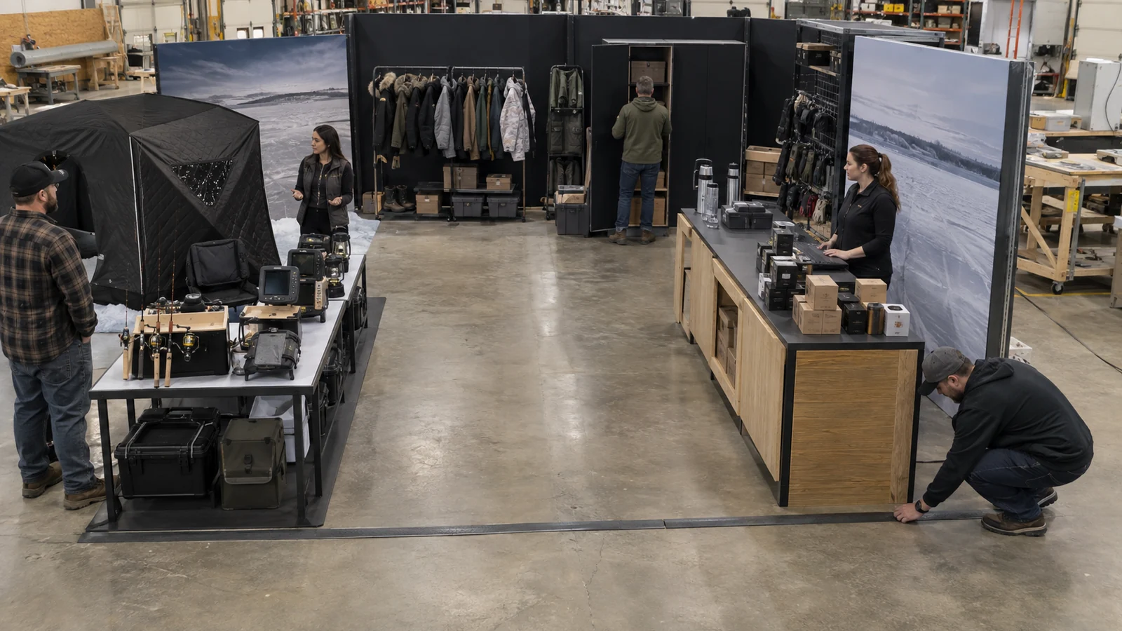 Exhibit team testing a full-scale ice-fishing booth layout and visitor path