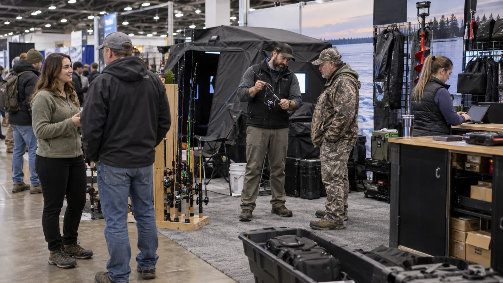 Ice-fishing booth team handling visitor conversations, demonstrations, and lead capture