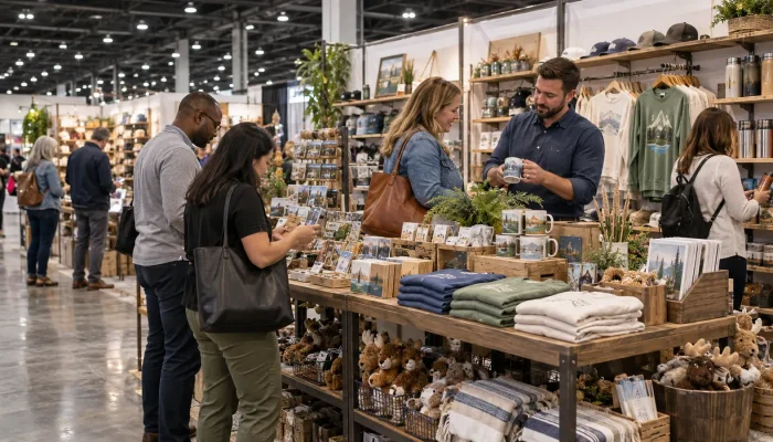 Wholesale gift and souvenir trade show booth with retail buyers reviewing merchandise