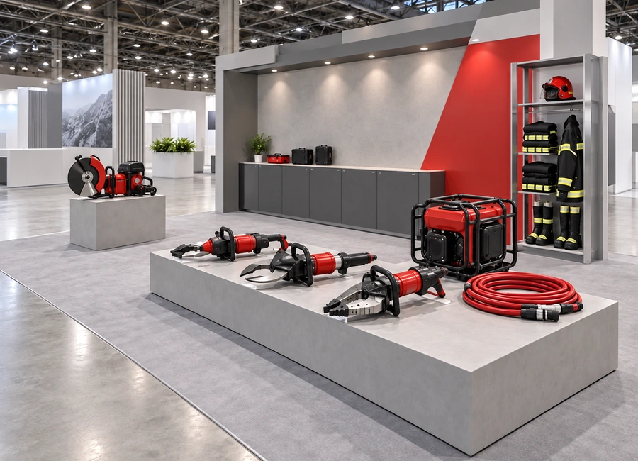 Illustrative fire and rescue equipment booth concept with tool displays and demonstration space.