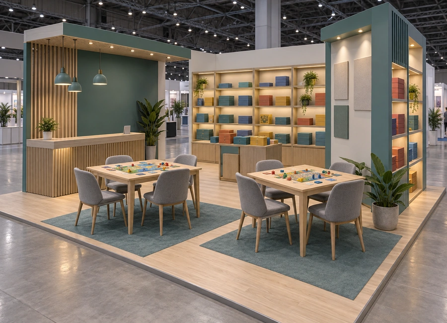 Illustrative tabletop gaming booth concept with demo tables, stock shelving and clear aisles.