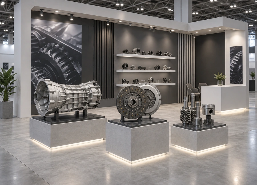 Illustrative motorsport components booth concept with drivetrain displays and open visitor access.