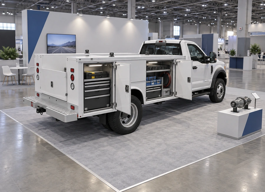 Illustrative commercial work truck booth concept with utility body storage and maintenance access.