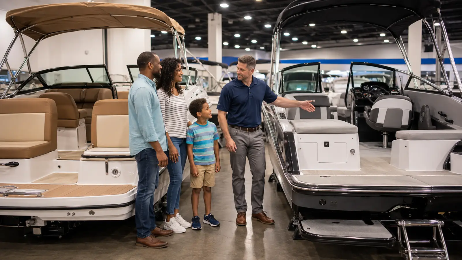 Family comparing recreational boats with a salesperson
