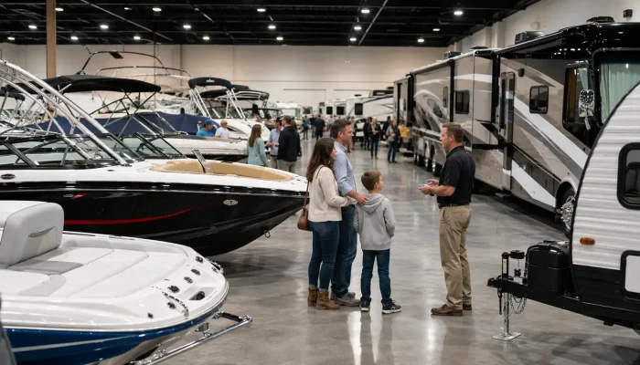Consumer boat-and-RV marketplace with families and sales staff