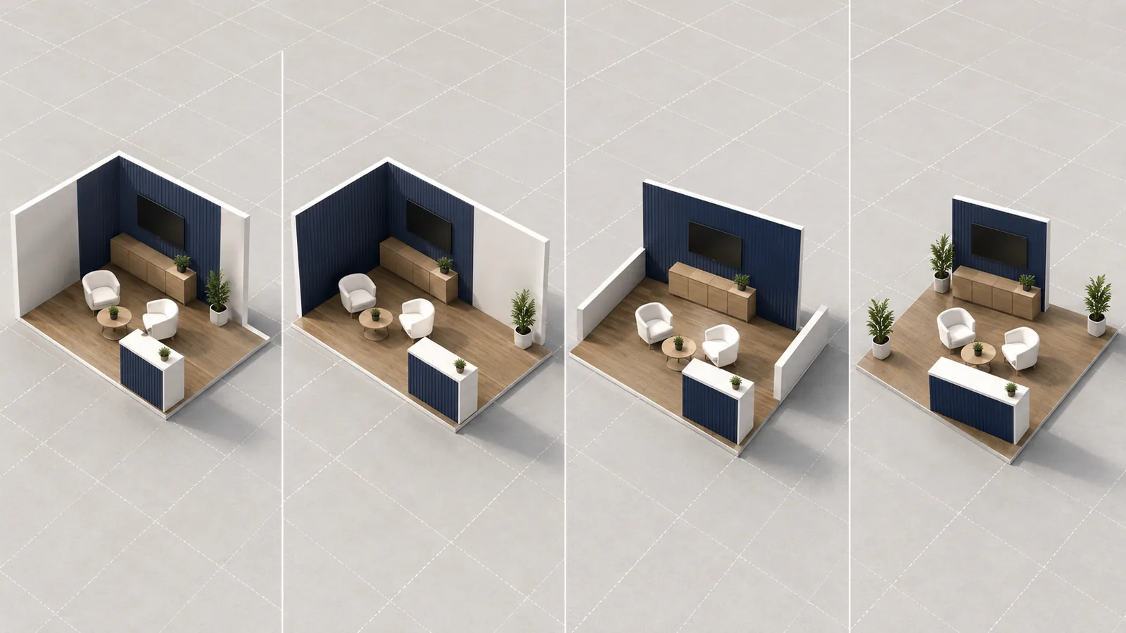 Four exhibit stand configurations showing inline, corner, peninsula, and island layouts