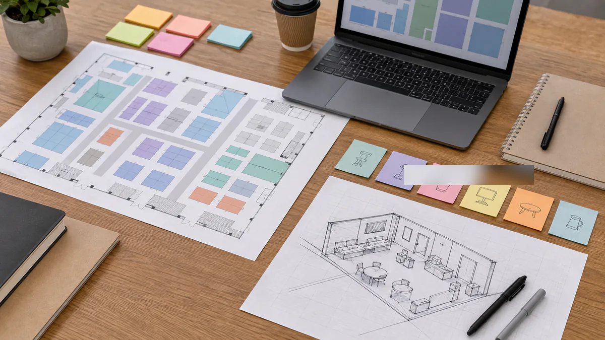 Exhibitor team reviewing a floor plan and booth notes for The Inspired Home Show