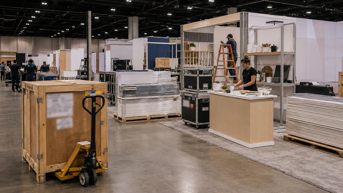 Trade show freight crates and demo counter prepared for convention center move in