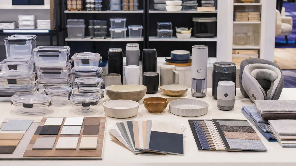 Housewares product samples grouped by category for trade show booth planning