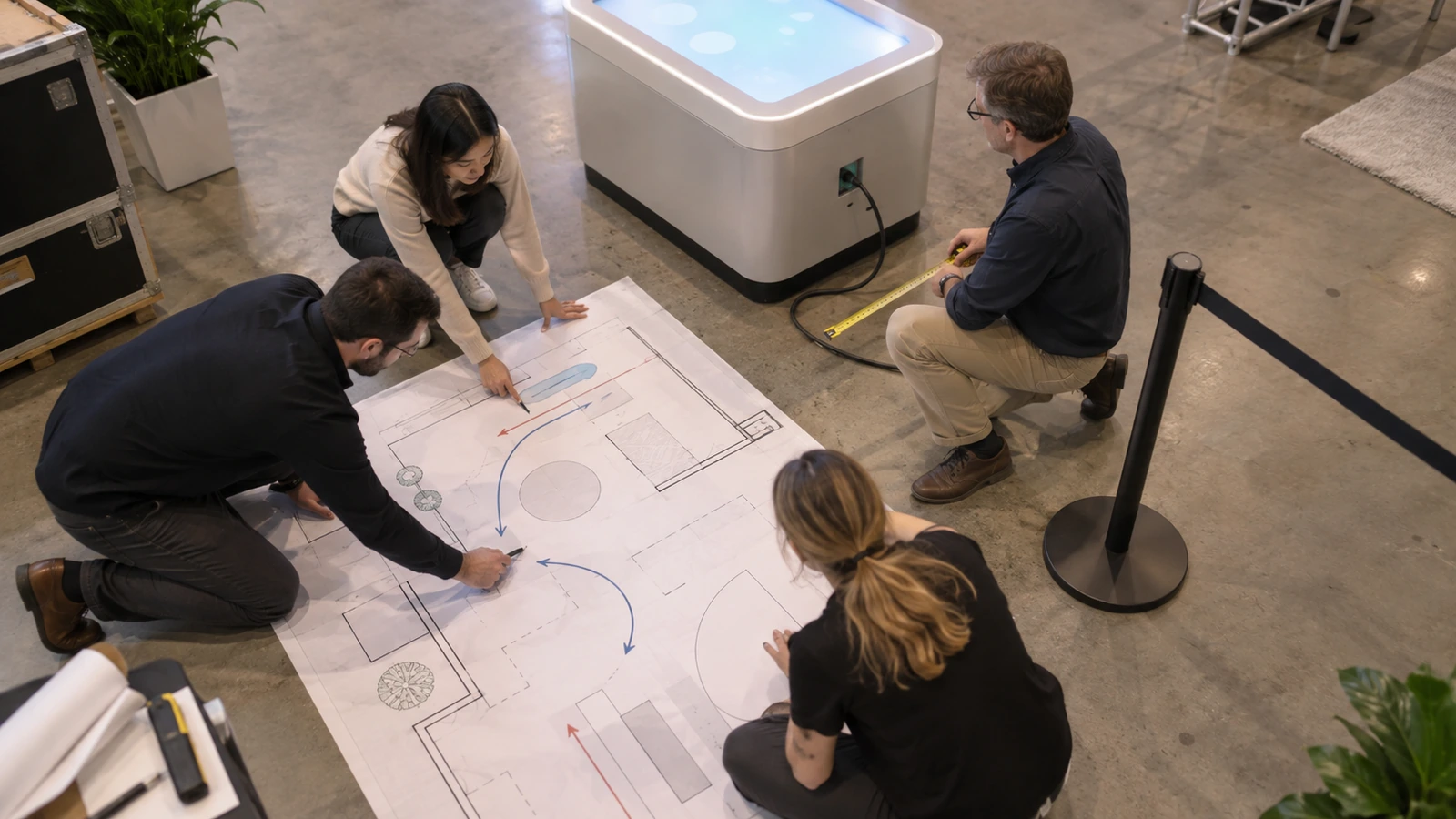 Product team and exhibit planner reviewing the operating area for an interactive trade show display