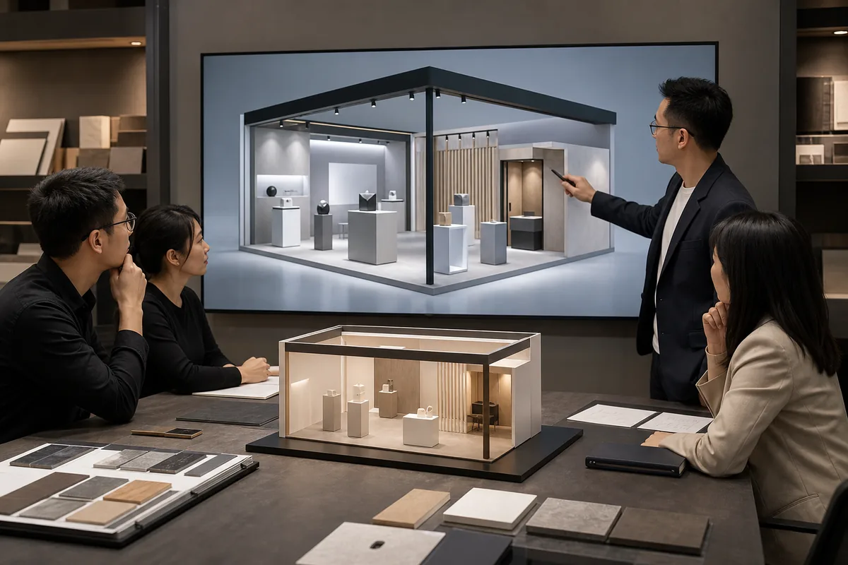 Exhibitor and booth designer reviewing an interactive trade show booth layout