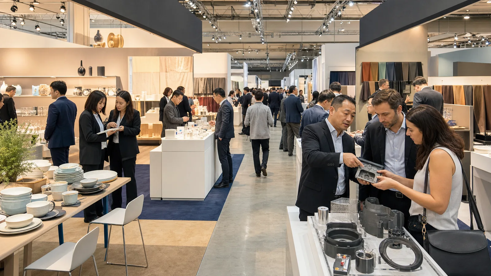International buyers comparing suppliers at a large cross-category sourcing trade fair