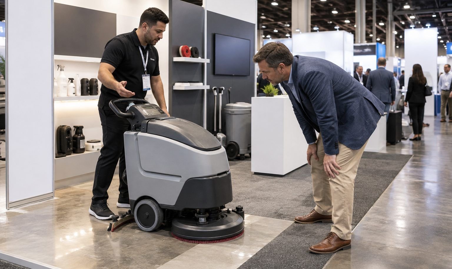 Visitor examining a compact floor-cleaning machine with a specialist at a professional cleaning trade show booth