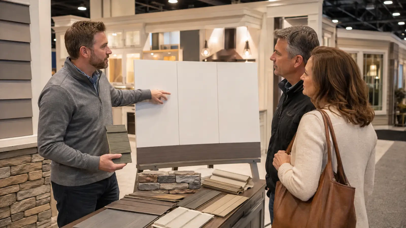 Exhibitor using material samples to explain a differentiated home improvement offer