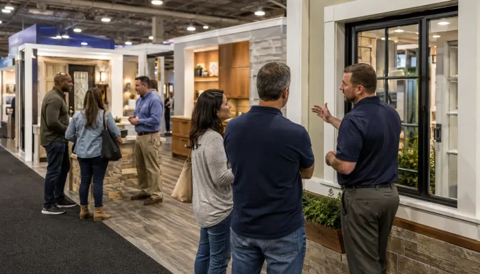 Homeowners speaking with exhibitors at a consumer home improvement show