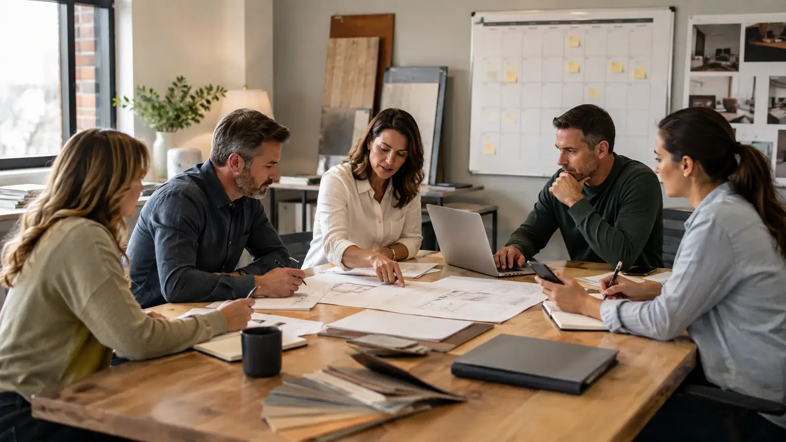 Team reviewing homeowner project leads and planning follow-up after a home show