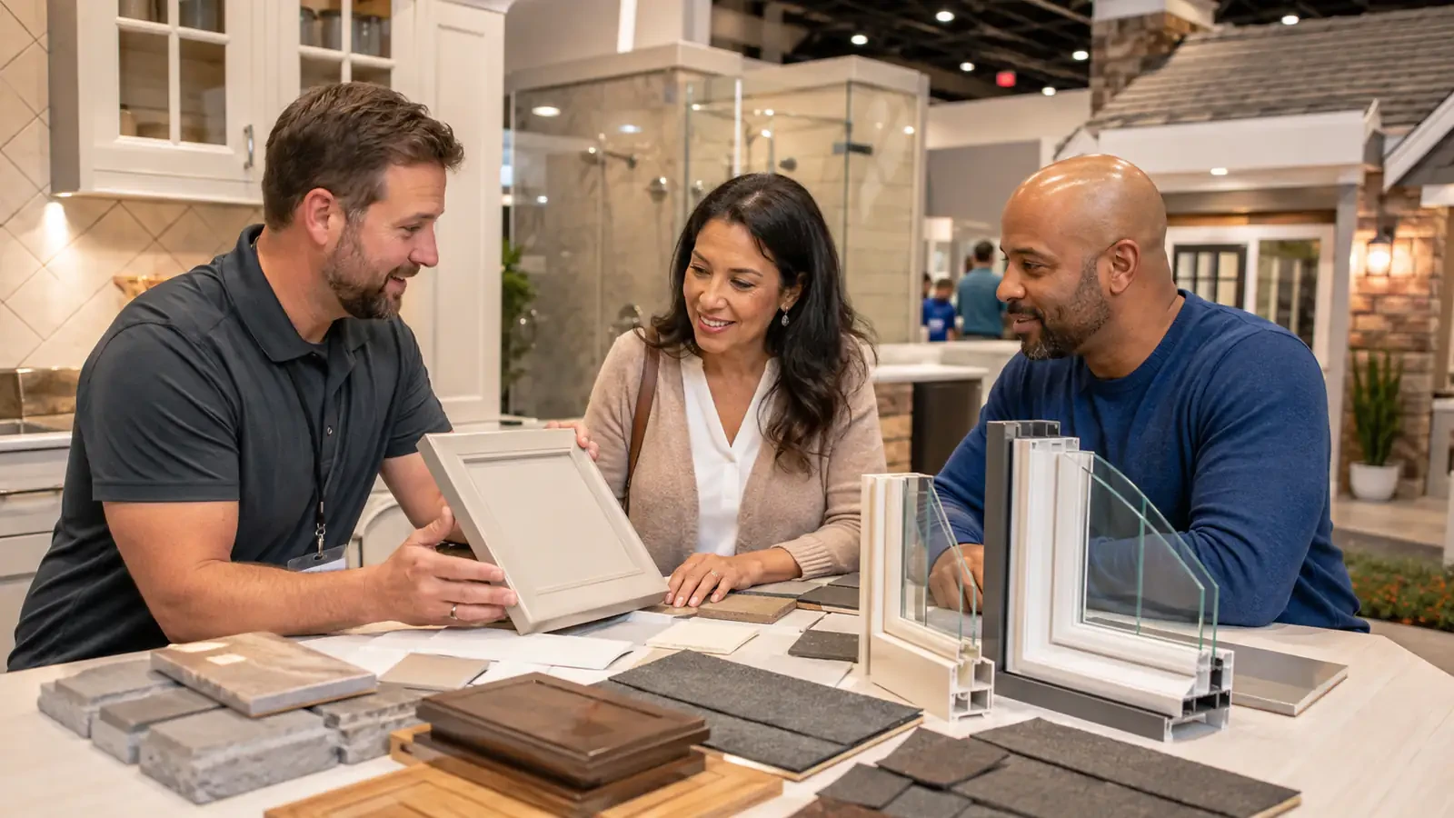Homeowners comparing home improvement project materials with an exhibitor
