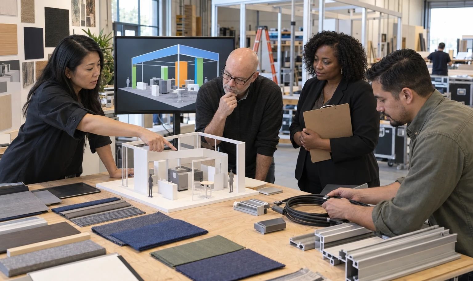 Exhibit team reviewing a label press booth model and technical interfaces