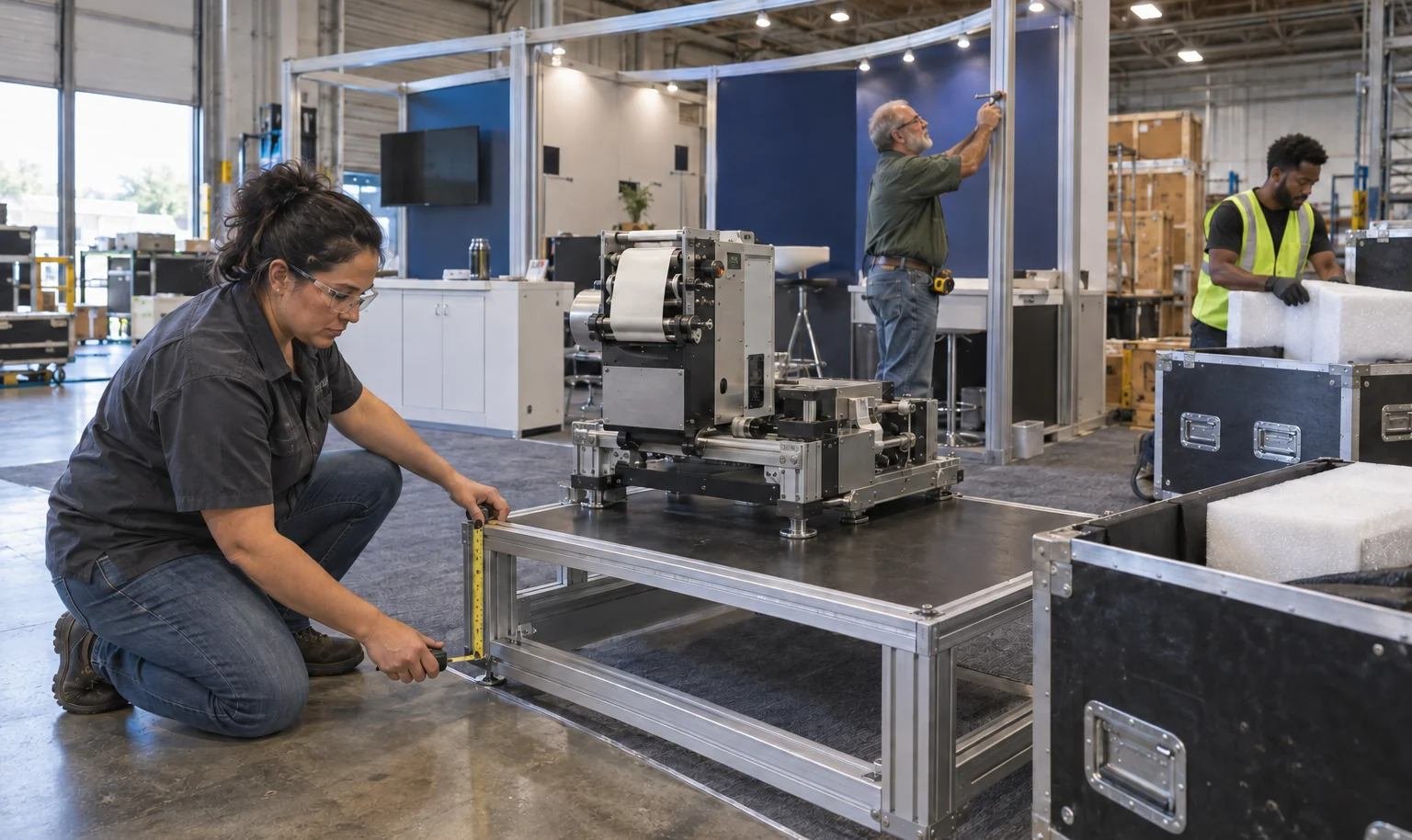 Fabrication team prebuilding and checking a label press exhibit before packing