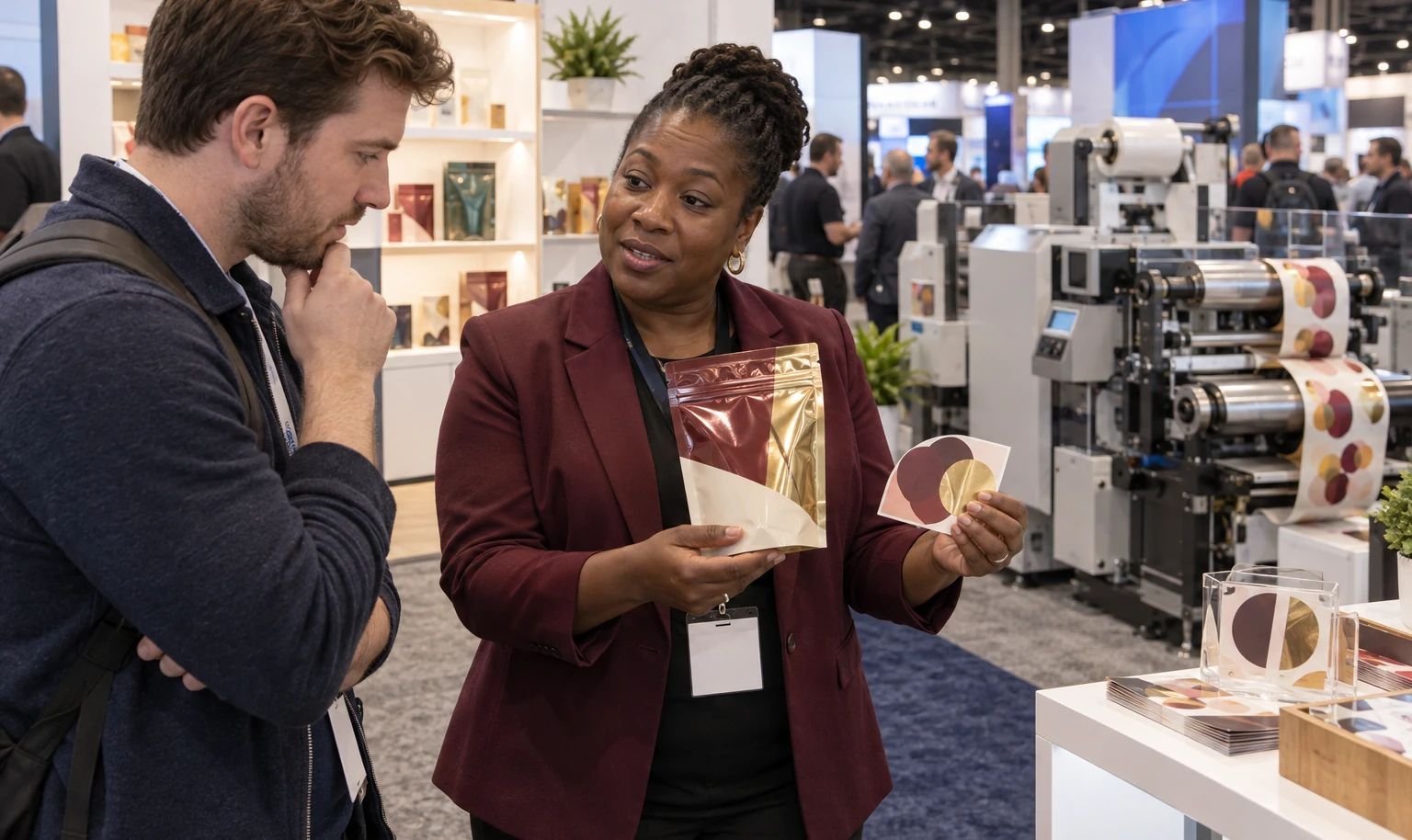 Specialist showing pouch and label samples at a U.S. trade show booth