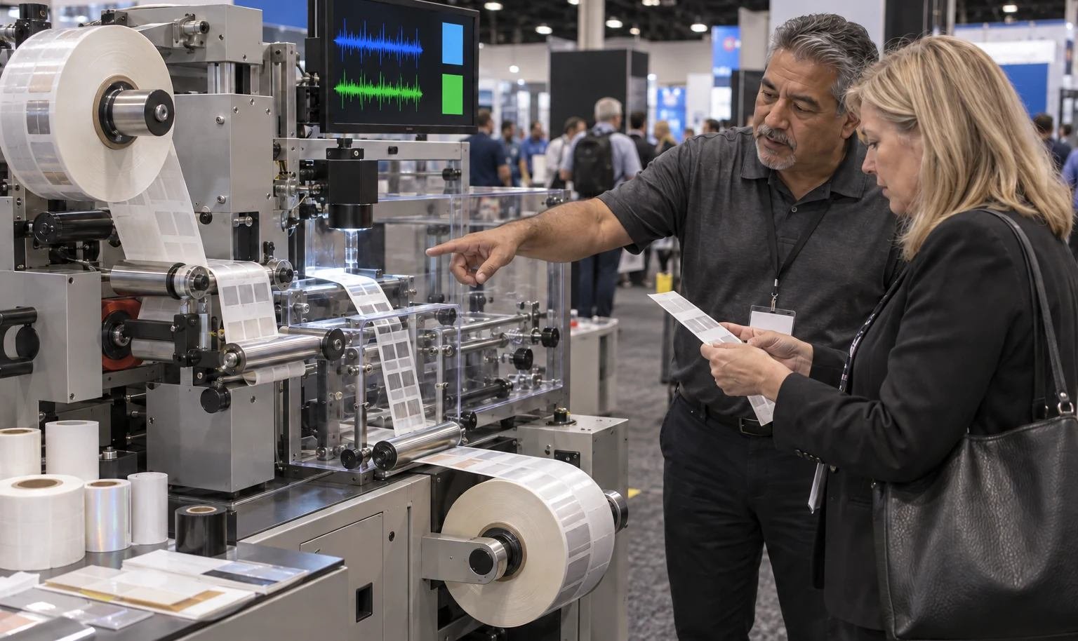 Engineer explaining a narrow-web label converting inspection station
