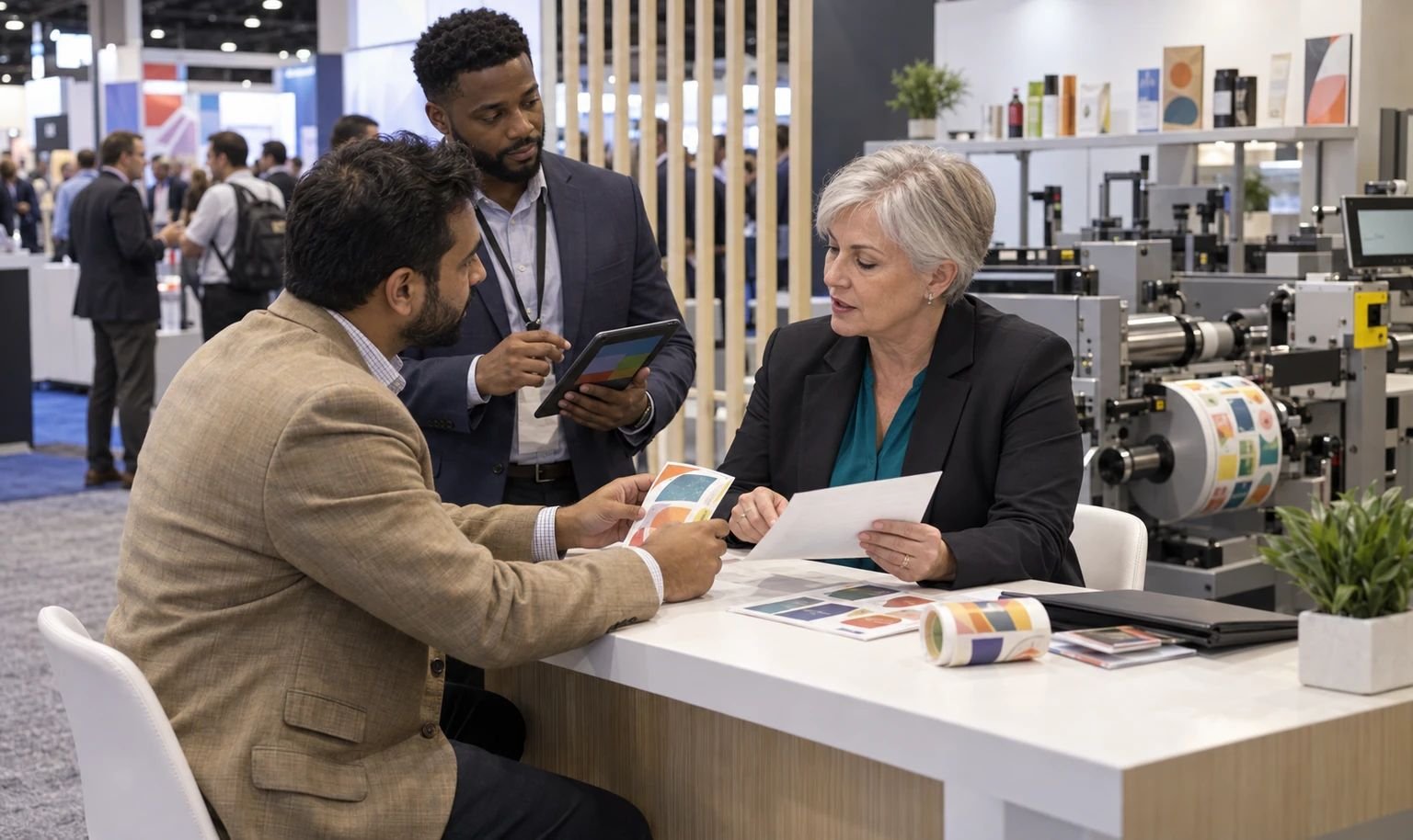 Label specialist reviewing samples with a buyer at a booth consultation point