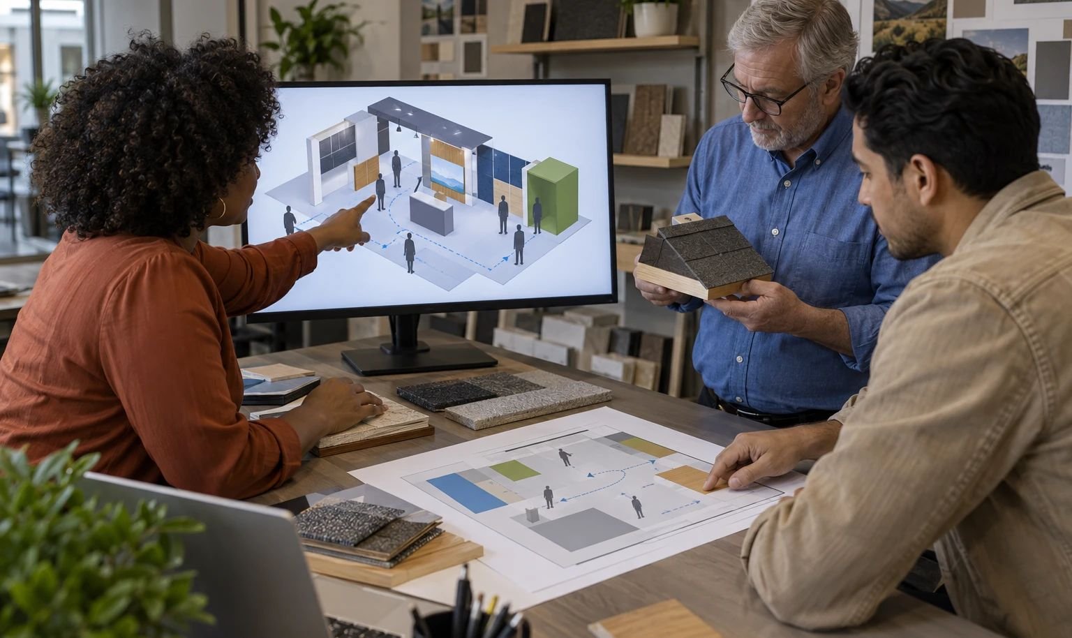 Exhibit designer coordinating a 3D booth model, roof-section sample and visitor sightlines with roofing and operations teams
