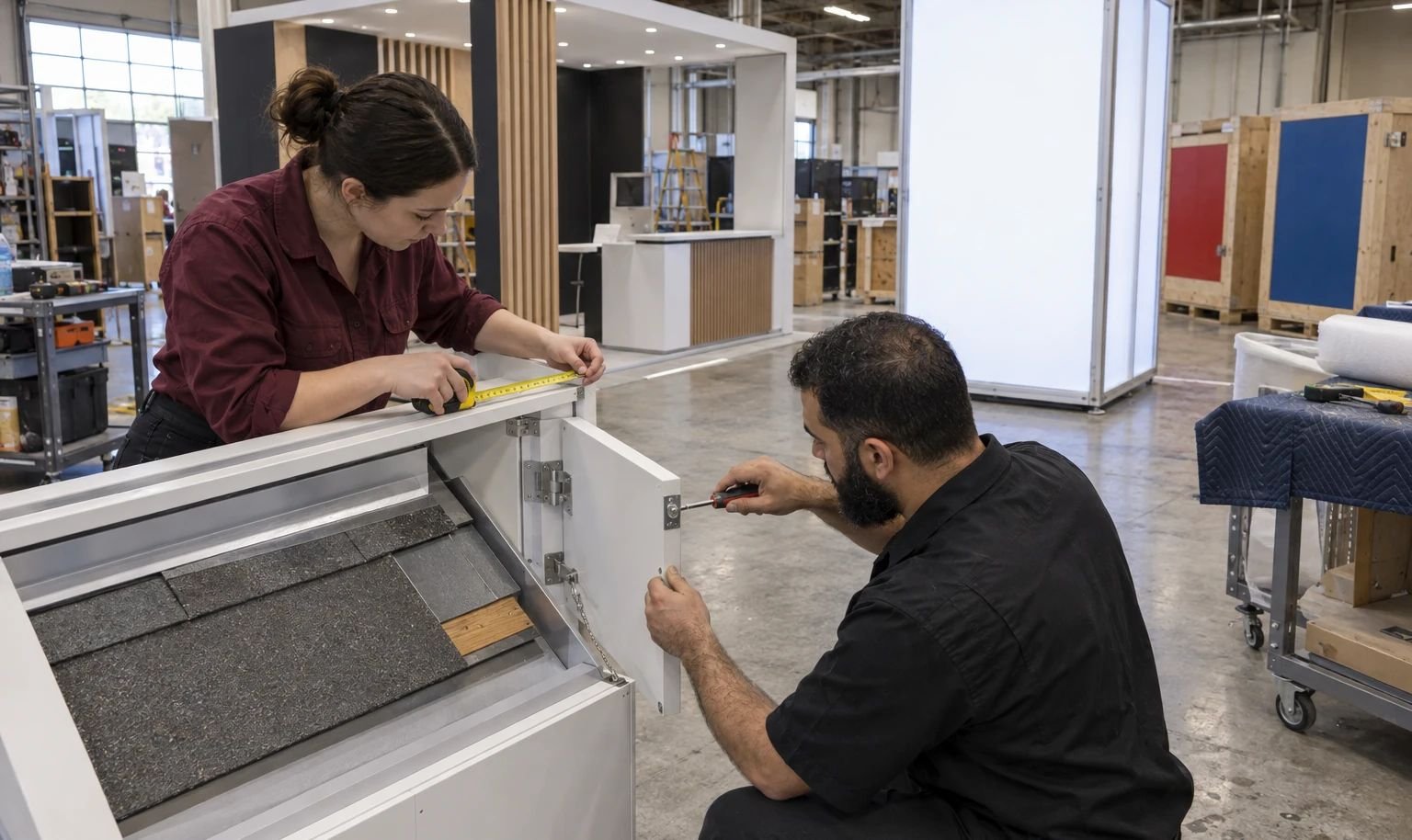 Production team checking a fitted roof-sample fixture and access panel during trade show booth prebuild before packing