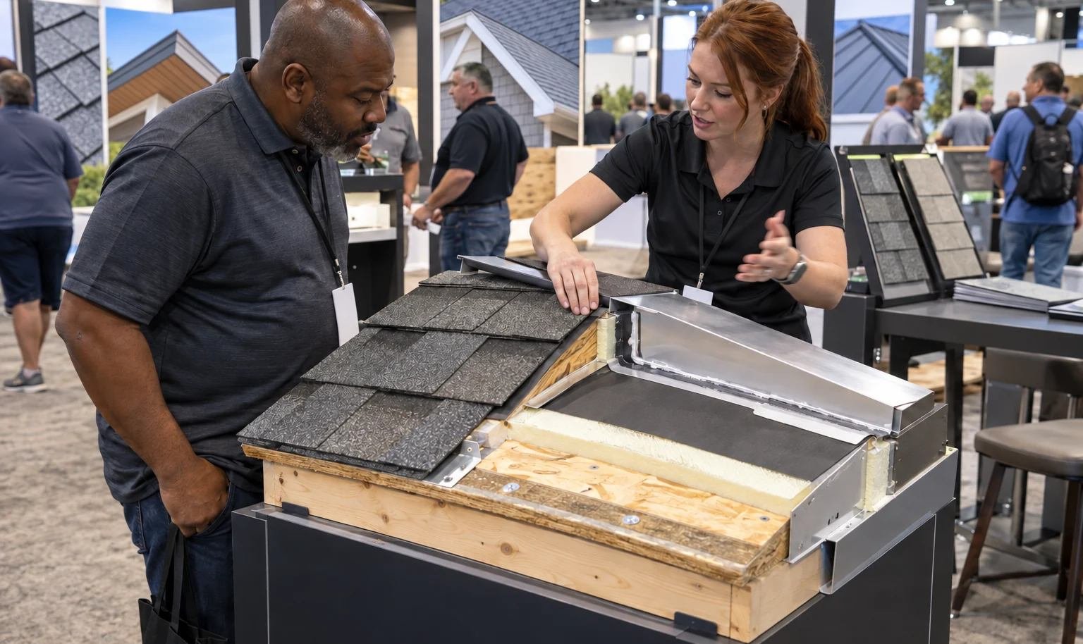 Roofing contractor inspecting a layered roof-system cutaway with a technical representative at an expo booth