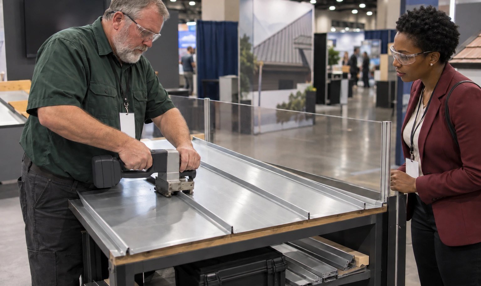 Roofing equipment operator demonstrating a metal-seaming tool behind a clear safety shield at an expo booth