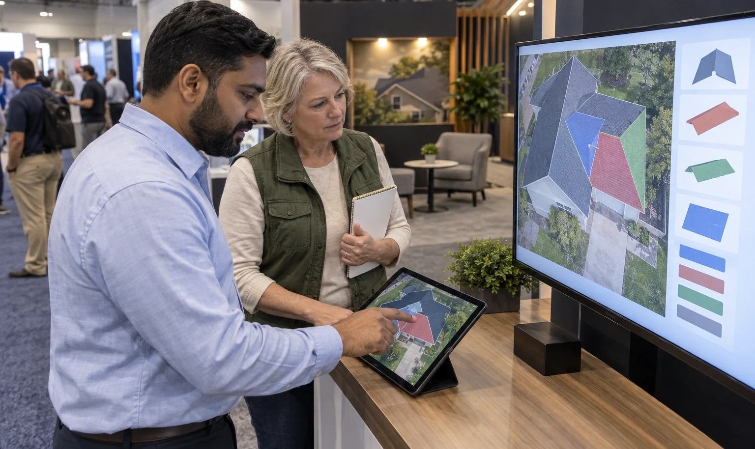 Roofing contractor reviewing a color-coded roof measurement workflow with a software specialist at a trade show