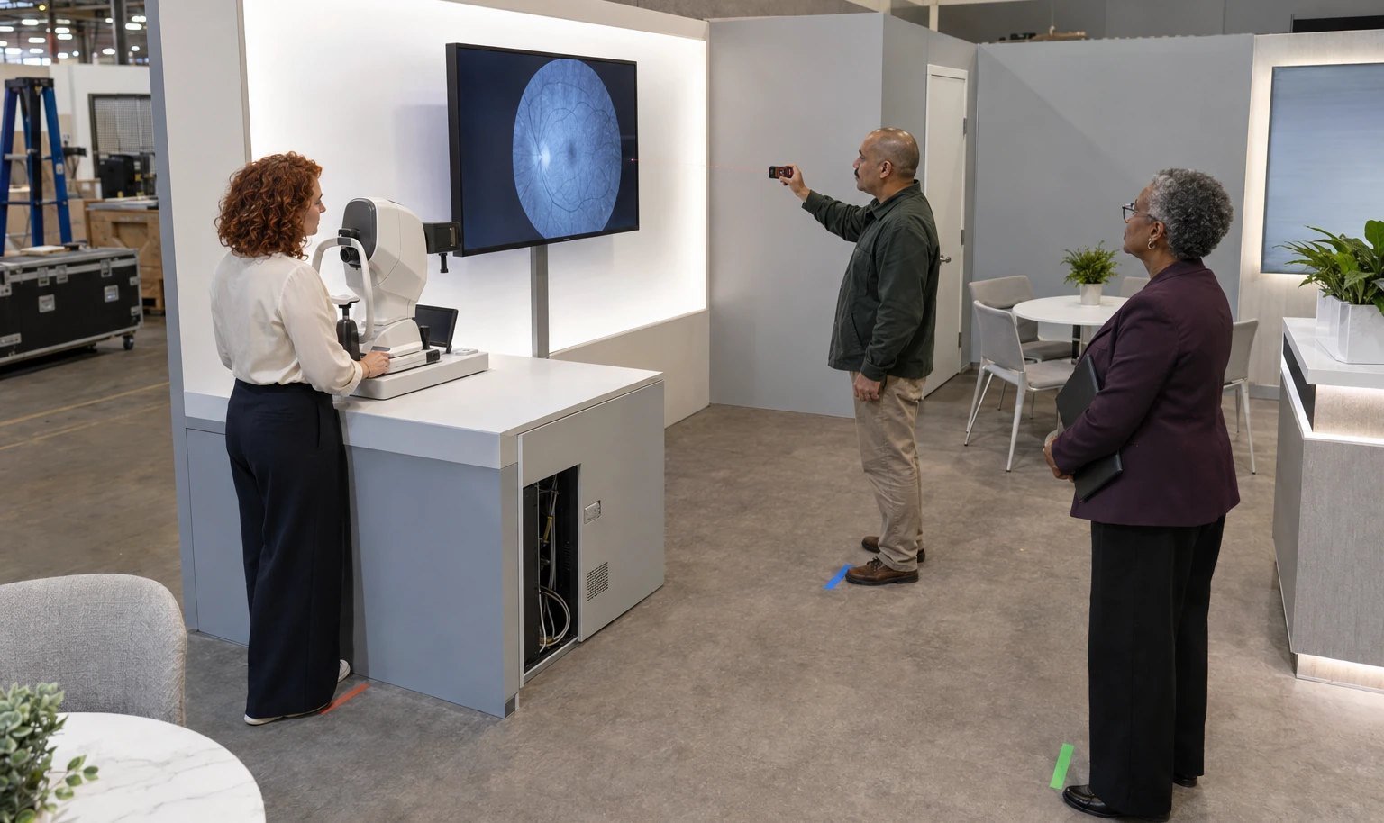 Exhibit team reviewing ophthalmic equipment, screen sightlines, and booth viewing geometry in a full-scale prebuild