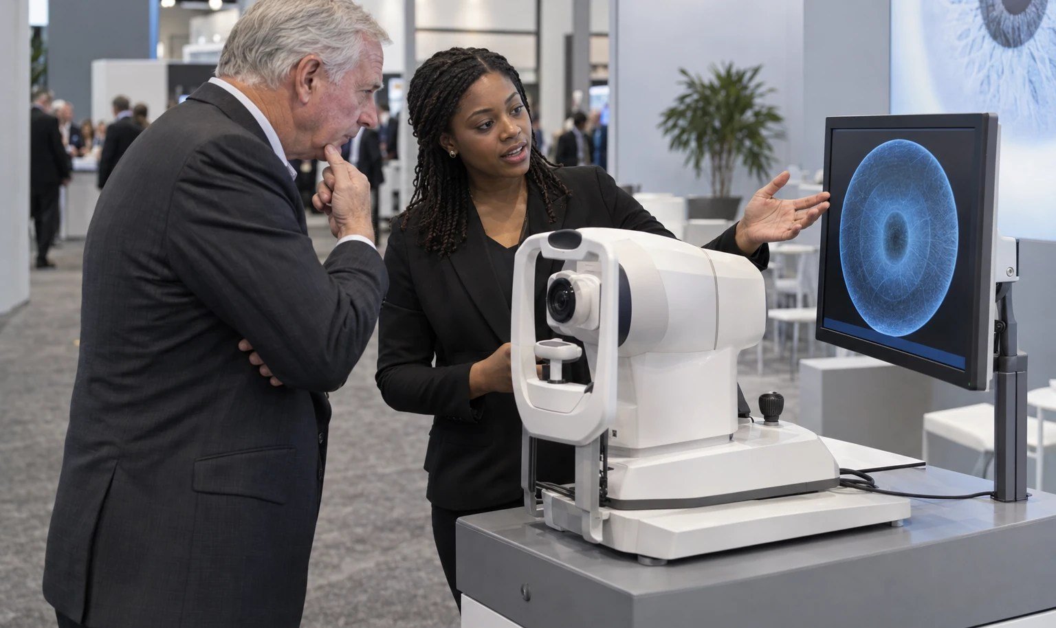 Ophthalmologist reviewing an ophthalmic imaging demonstration with a product specialist at a trade show booth