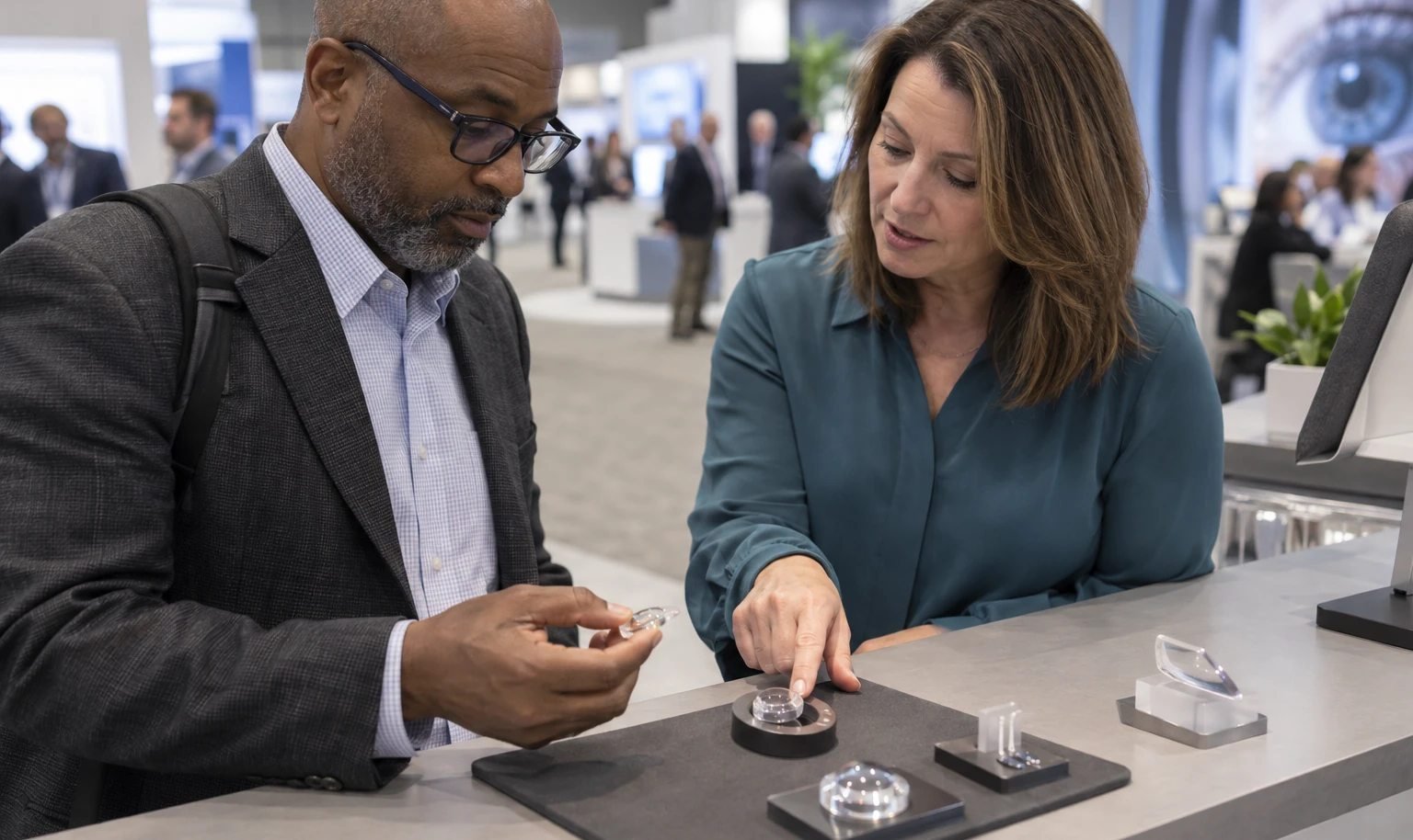 Eye care buyer comparing small optical components with a product specialist at an ophthalmology exhibit