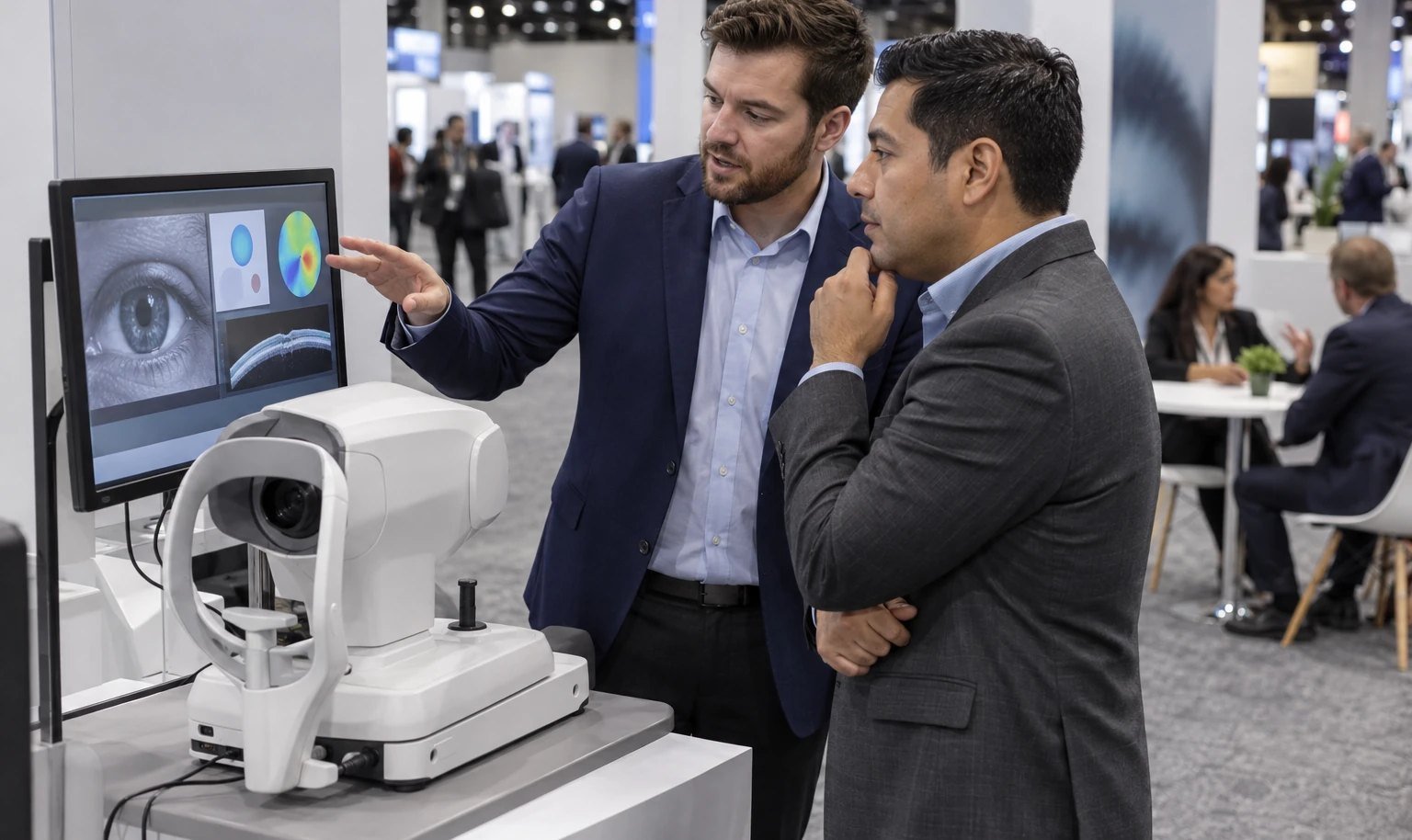 Ophthalmologist and software specialist reviewing a connected diagnostic workflow at an expo workstation