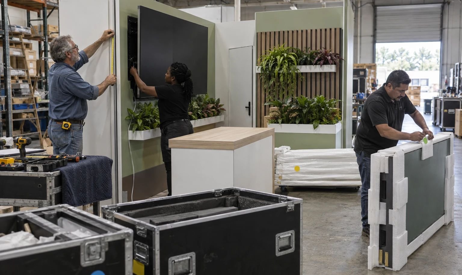 Fabrication crew prebuilds and packs a horticulture trade show booth