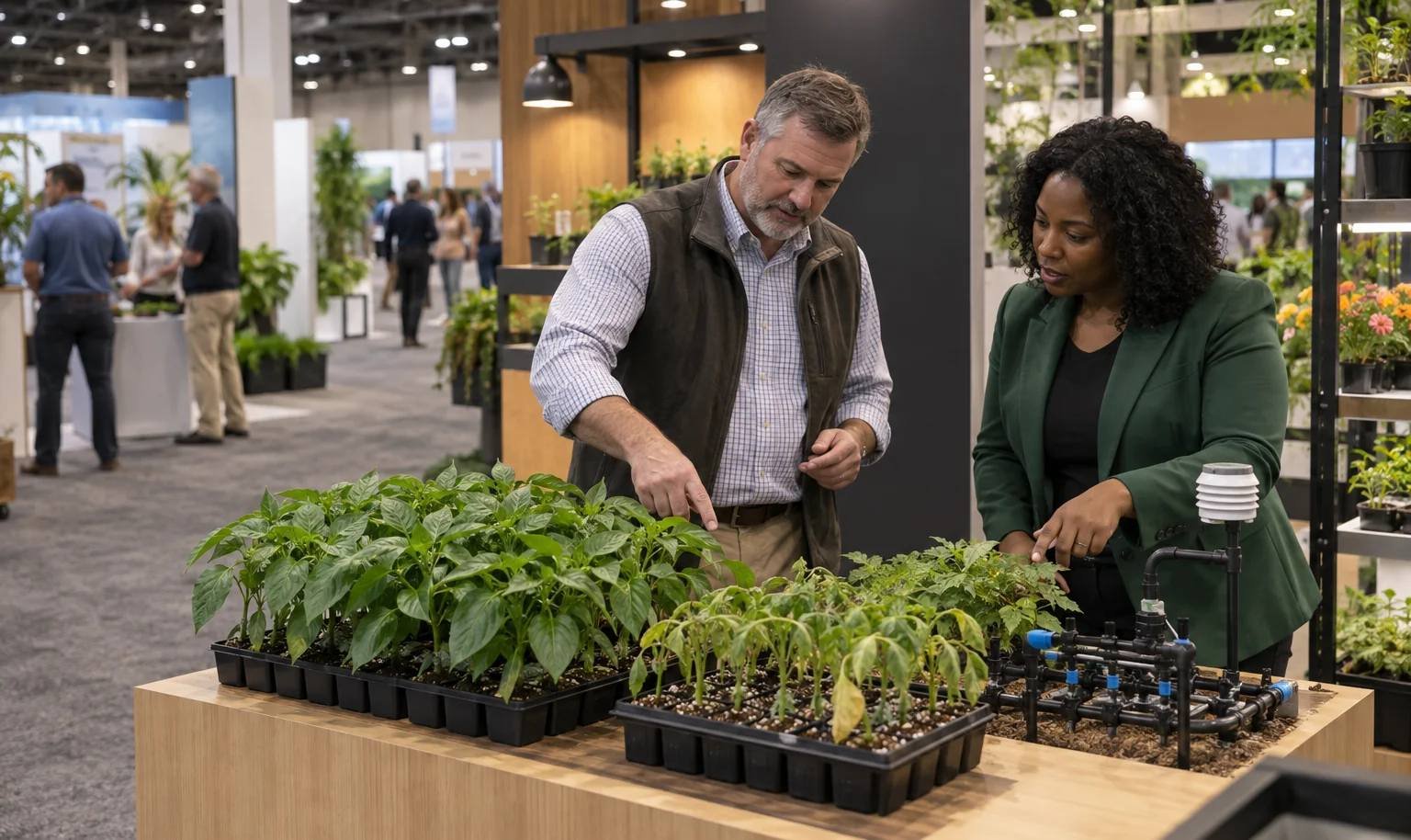 Grower and specialist compare pepper plants and irrigation controls at an expo booth