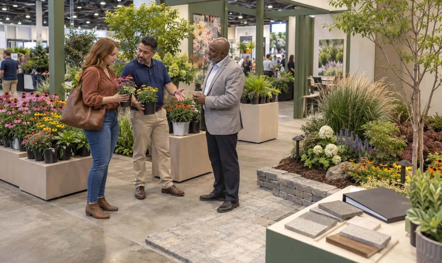 Retail and landscape buyers compare live plants and a garden display at an expo booth
