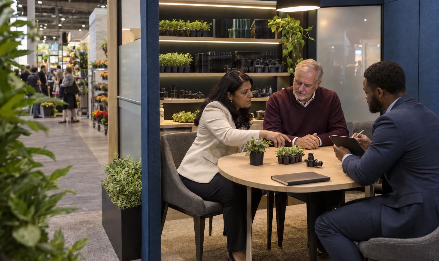 Horticulture distributors discuss samples in a quiet expo meeting area