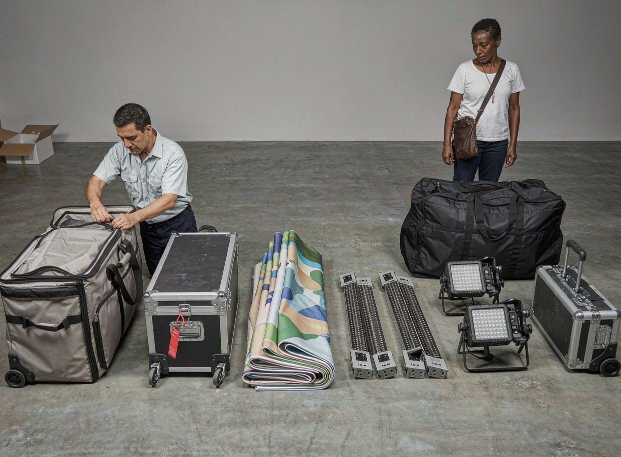 Complete packed pop-up display kit with rolling bag, hard case, graphics, feet and lights