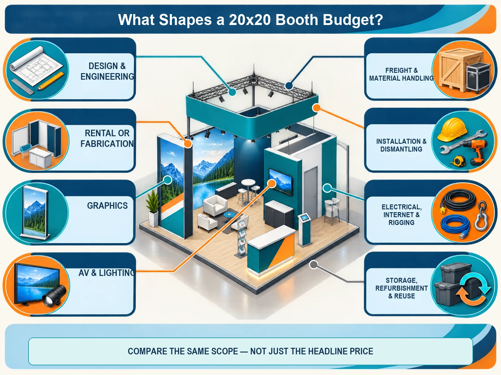 Infographic showing eight cost categories that shape a 20x20 trade show booth budget, from design and fabrication to freight, labor, utilities, and reuse.