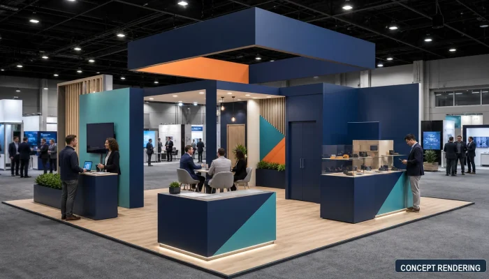 Concept rendering of a 20x20 island trade show booth with open approaches, demo space, reception, product display, meeting area, and integrated storage.